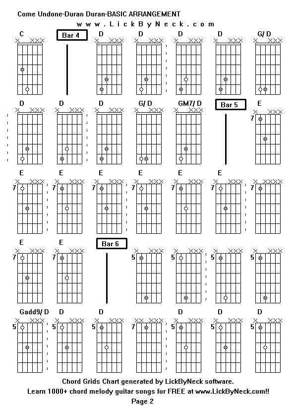 Chord Grids Chart of chord melody fingerstyle guitar song-Come Undone-Duran Duran-BASIC ARRANGEMENT,generated by LickByNeck software.